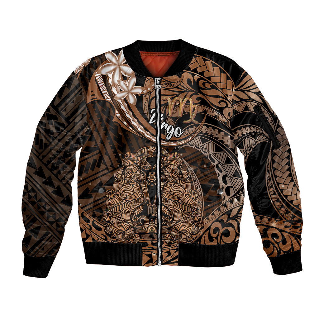 Polynesian Pride Virgo Zodiac Sleeve Zip Bomber Jacket Astrological Sign Tribal Plumeria Brown Galaxy LT14 Unisex Brown - Polynesian Pride