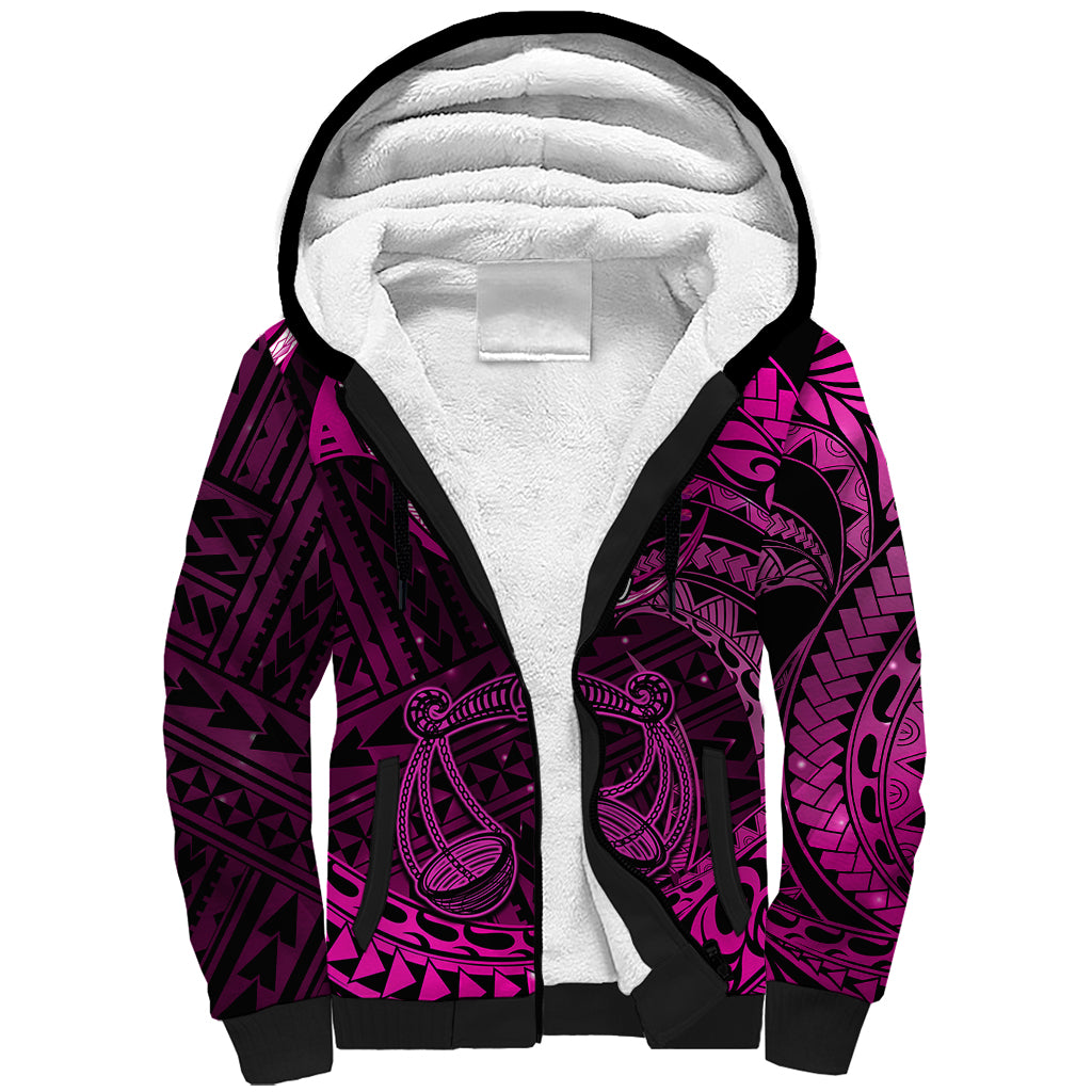 Polynesian Pride Libra Zodiac Sherpa Hoodie Astrological Sign Tribal Plumeria Pink Galaxy LT14 Unisex Pink - Polynesian Pride