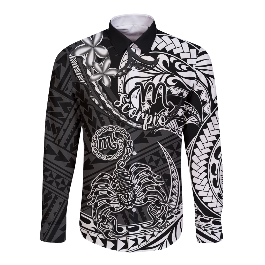 Polynesian Pride Scorpio Zodiac Long Sleeve Button Shirt Astrological Sign Tribal Plumeria Black LT14 Unisex Black - Polynesian Pride