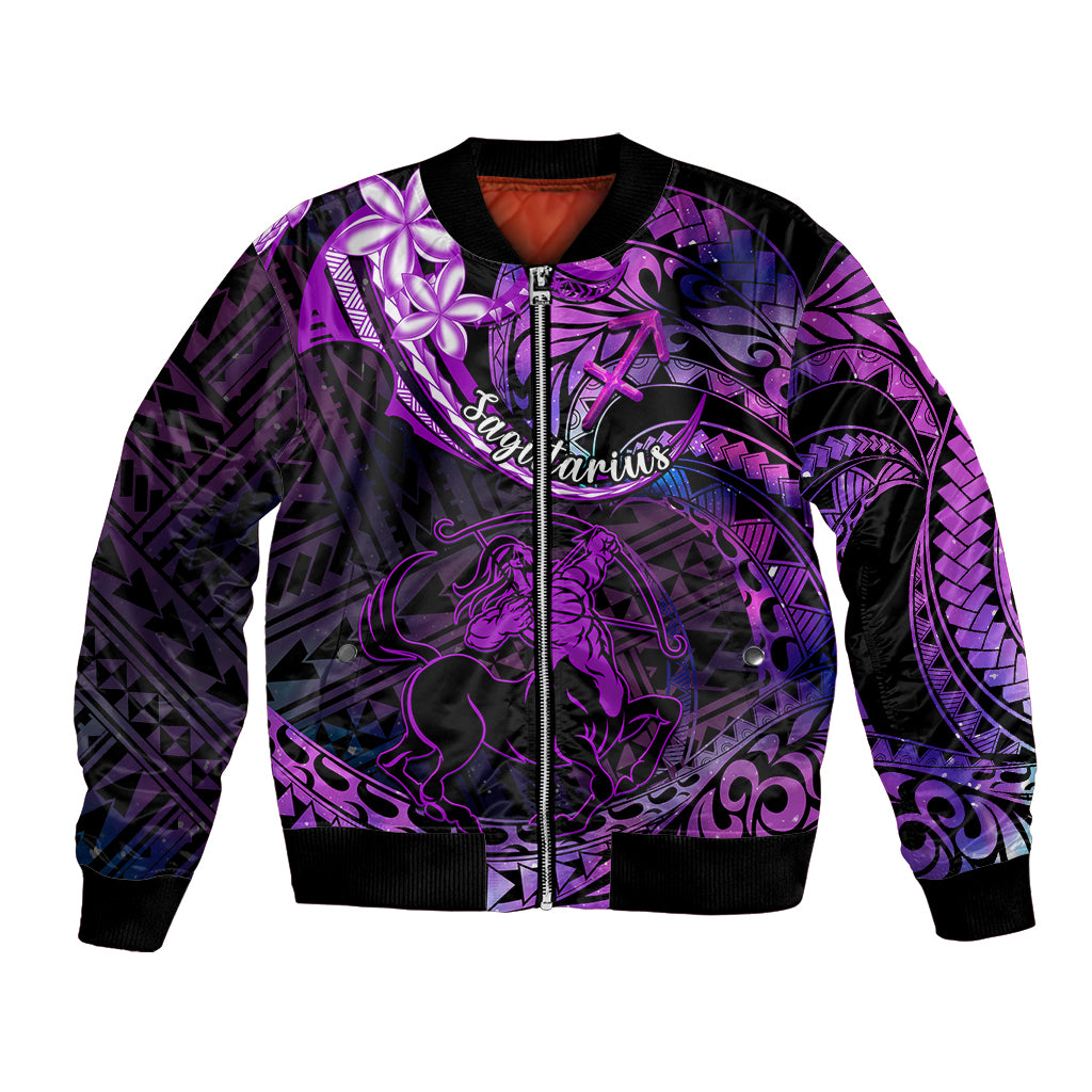 Polynesian Pride Sagittarius Zodiac Bomber Jacket Astrological Sign Tribal Plumeria Purple Galaxy LT14 Unisex Purple - Polynesian Pride