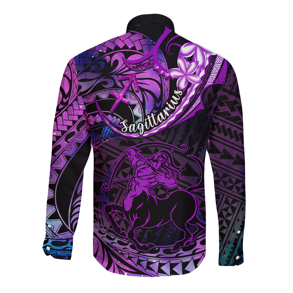 Polynesian Pride Sagittarius Zodiac Long Sleeve Button Shirt Astrological Sign Tribal Plumeria Purple Galaxy LT14 - Polynesian Pride