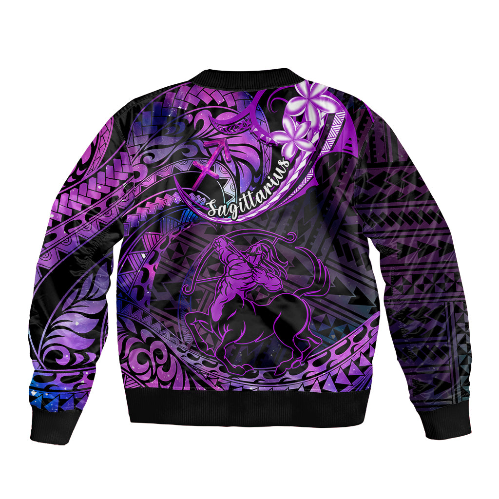 Polynesian Pride Sagittarius Zodiac Sleeve Zip Bomber Jacket Astrological Sign Tribal Plumeria Purple Galaxy LT14 - Polynesian Pride