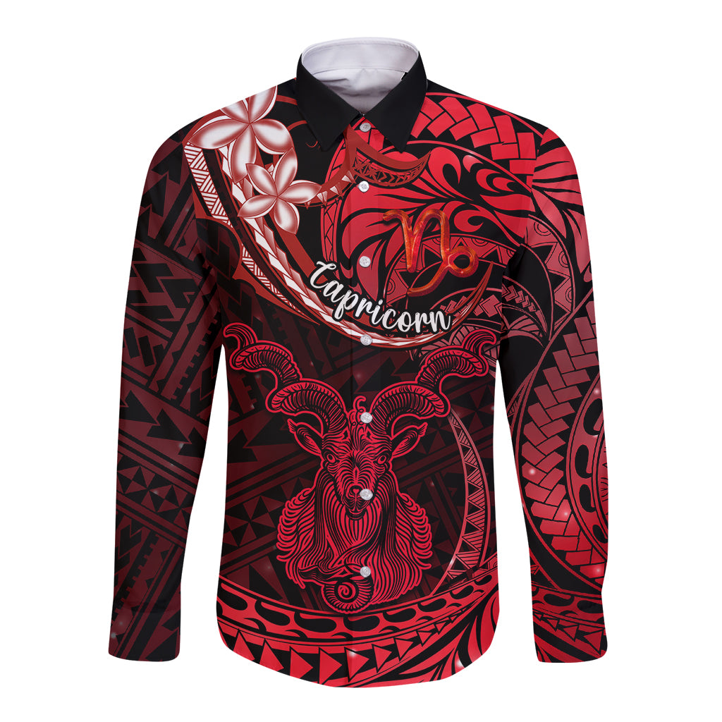 Polynesian Pride Capricorn Zodiac Long Sleeve Button Shirt Astrological Sign Tribal Plumeria Red Galaxy LT14 Unisex Red - Polynesian Pride