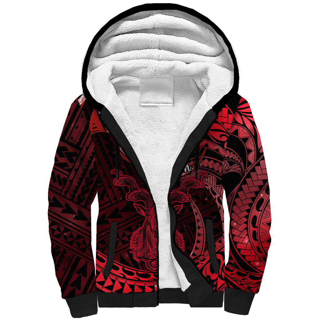 Polynesian Pride Capricorn Zodiac Sherpa Hoodie Astrological Sign Tribal Plumeria Red Galaxy LT14 Unisex Red - Polynesian Pride