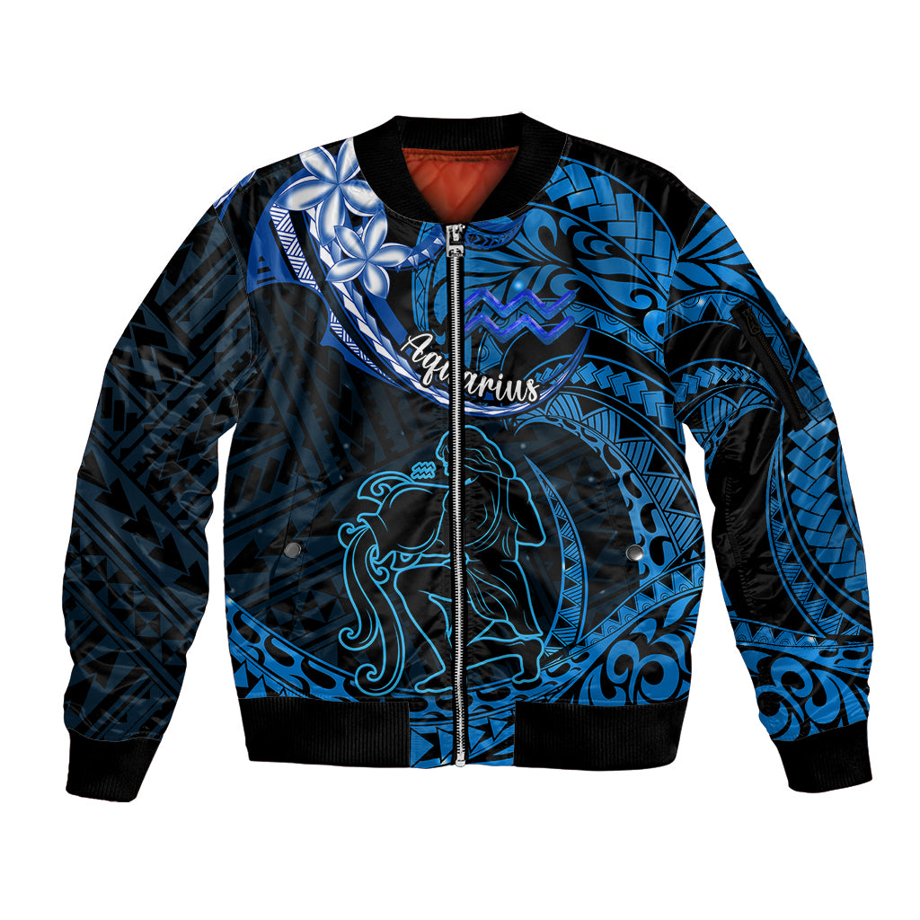 Polynesian Pride Aquarius Zodiac Sleeve Zip Bomber Jacket Astrological Sign Tribal Plumeria Blue Galaxy LT14 Unisex Blue - Polynesian Pride