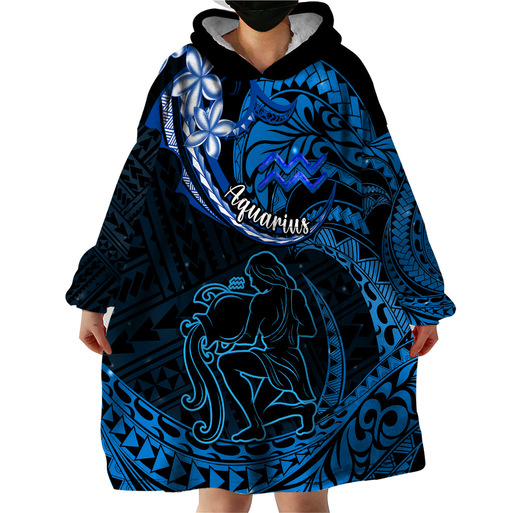 Polynesian Pride Aquarius Zodiac Wearable Blanket Hoodie Astrological Sign Tribal Plumeria Blue Galaxy LT14 - Polynesian Pride
