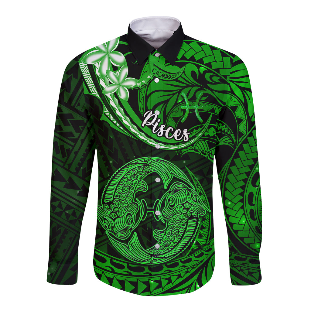 Polynesian Pride Pisces Zodiac Long Sleeve Button Shirt Astrological Sign Tribal Plumeria Green Galaxy LT14 Unisex Green - Polynesian Pride