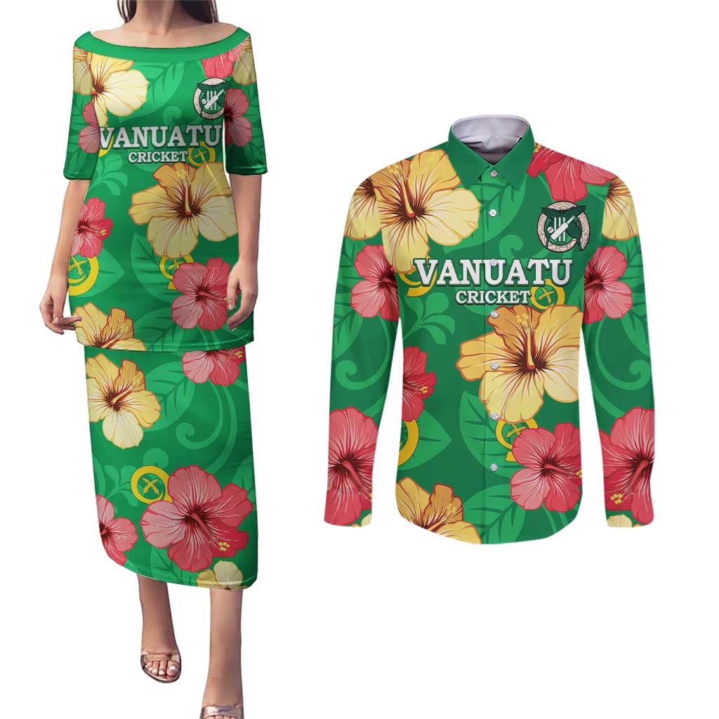 Custom Vanuatu Cricket Couples Matching Puletasi and Long Sleeve Button Shirt 2024 Tropical Flowers Version