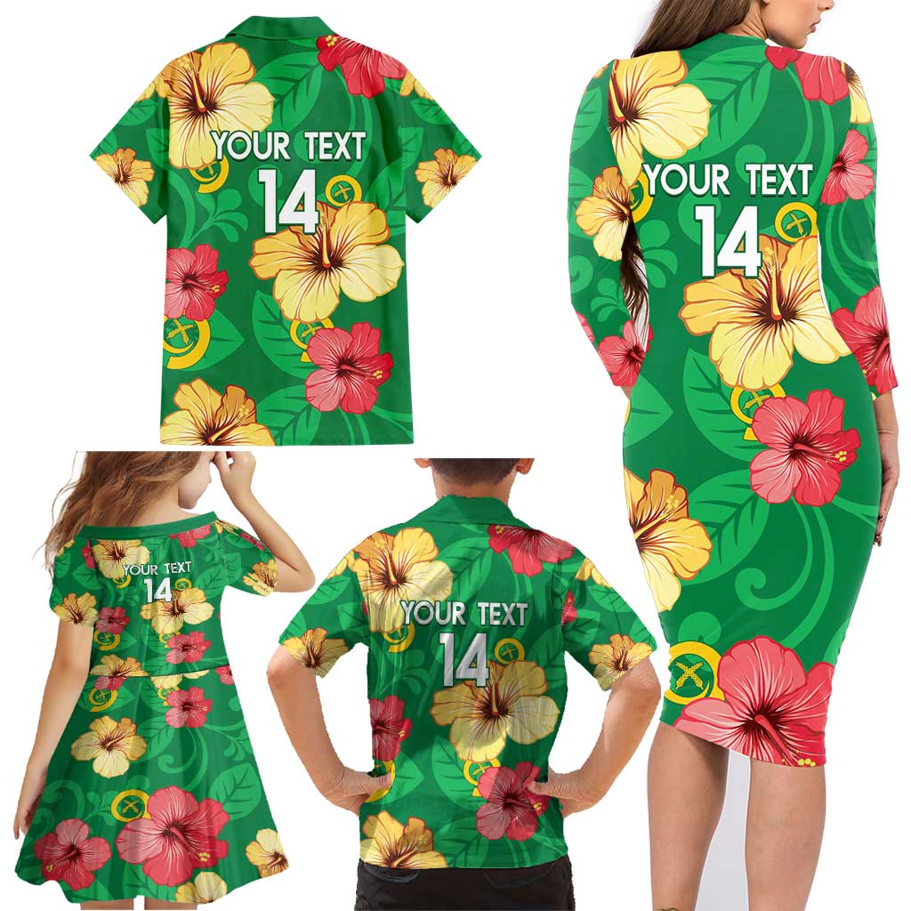 Custom Vanuatu Cricket Family Matching Long Sleeve Bodycon Dress and Hawaiian Shirt 2024 Tropical Flowers Version