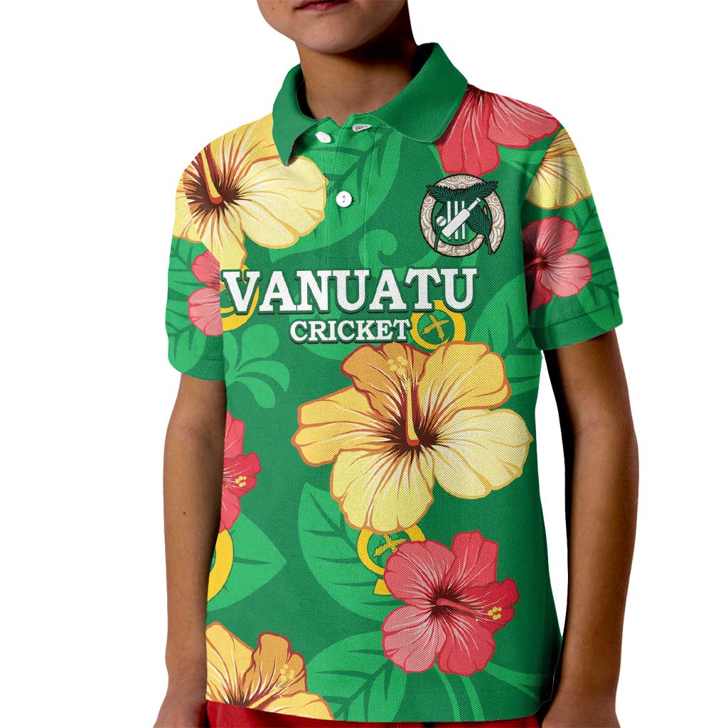 Custom Vanuatu Cricket Kid Polo Shirt 2024 Tropical Flowers Version LT14 Kid Green - Polynesian Pride