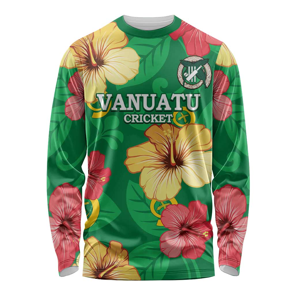 Custom Vanuatu Cricket Long Sleeve Shirt 2024 Tropical Flowers Version LT14 Unisex Green - Polynesian Pride