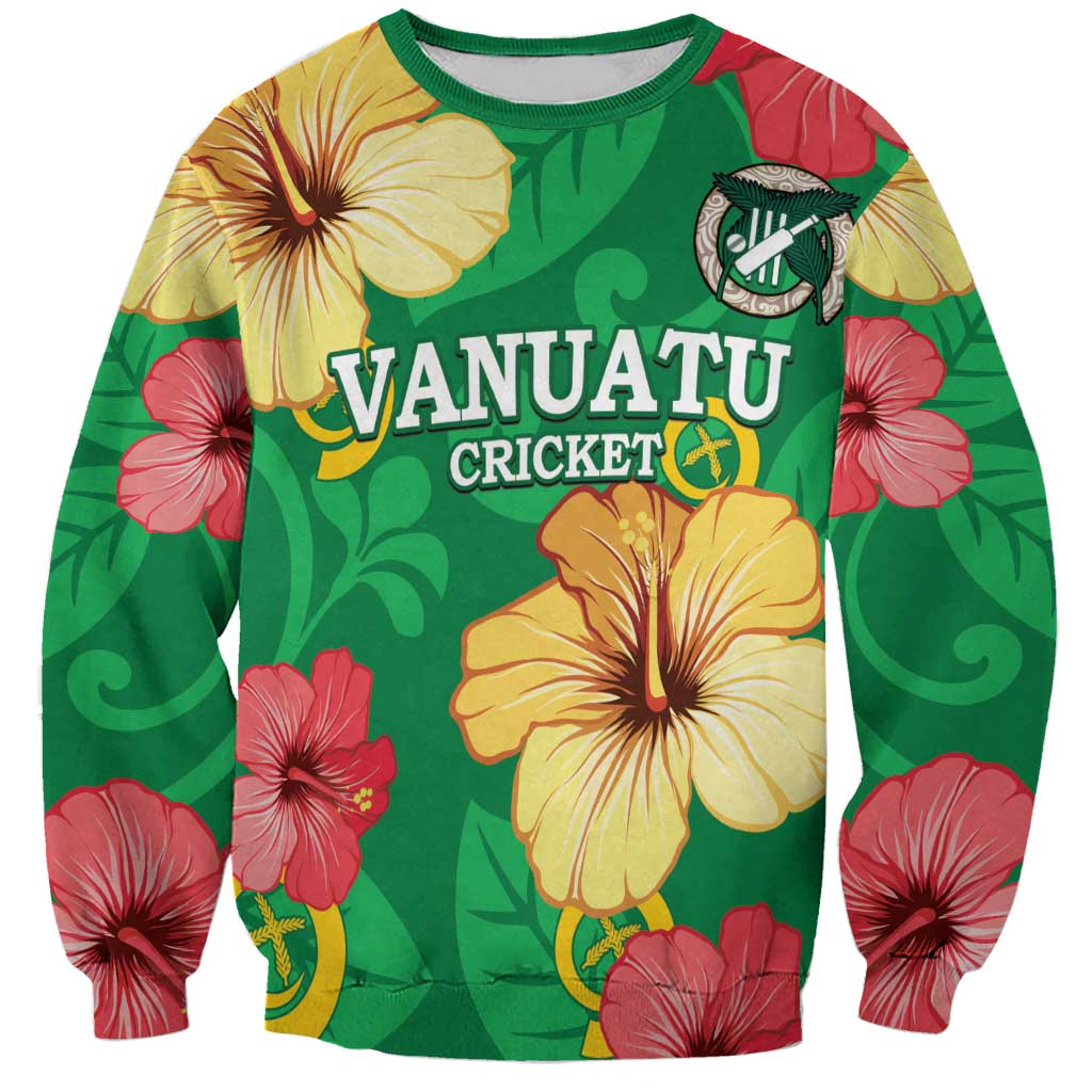 Custom Vanuatu Cricket Sweatshirt 2024 Tropical Flowers Version LT14 Unisex Green - Polynesian Pride