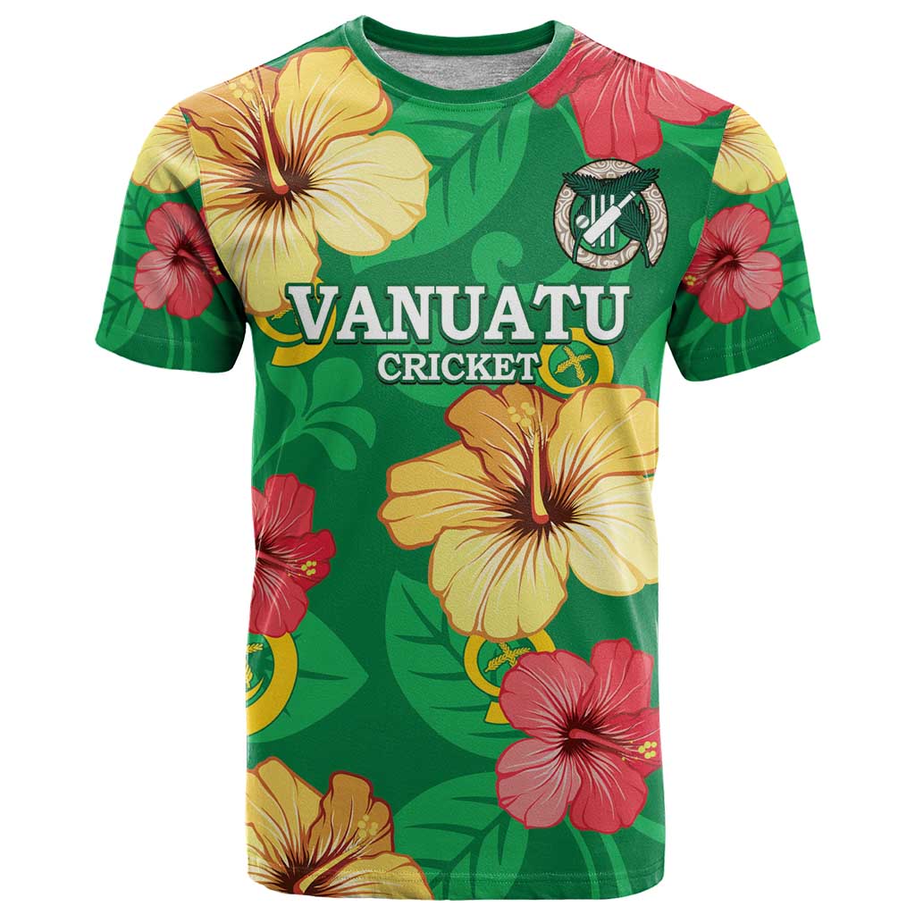 Custom Vanuatu Cricket T Shirt 2024 Tropical Flowers Version LT14 Green - Polynesian Pride