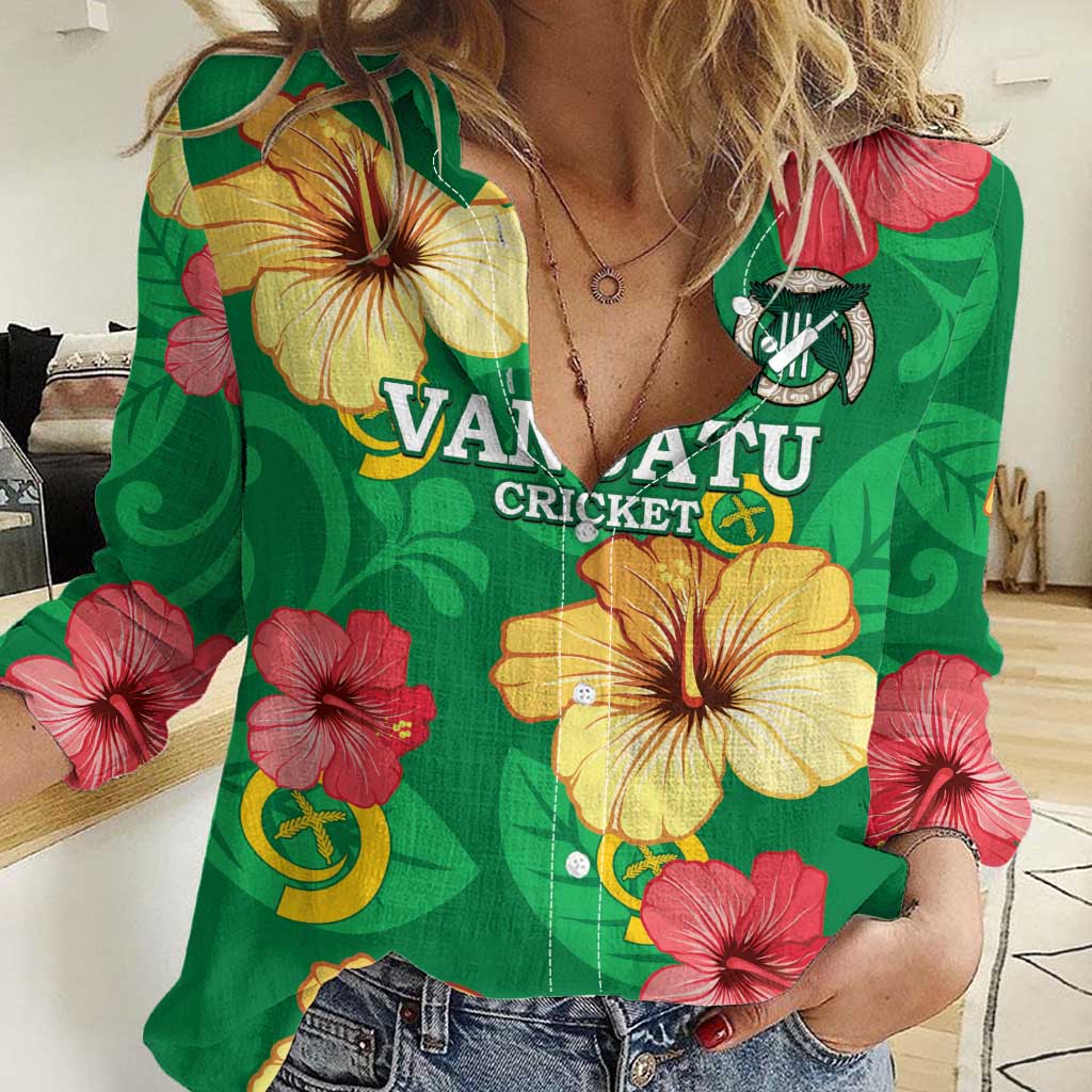 Custom Vanuatu Cricket Women Casual Shirt 2024 Tropical Flowers Version LT14 Female Green - Polynesian Pride