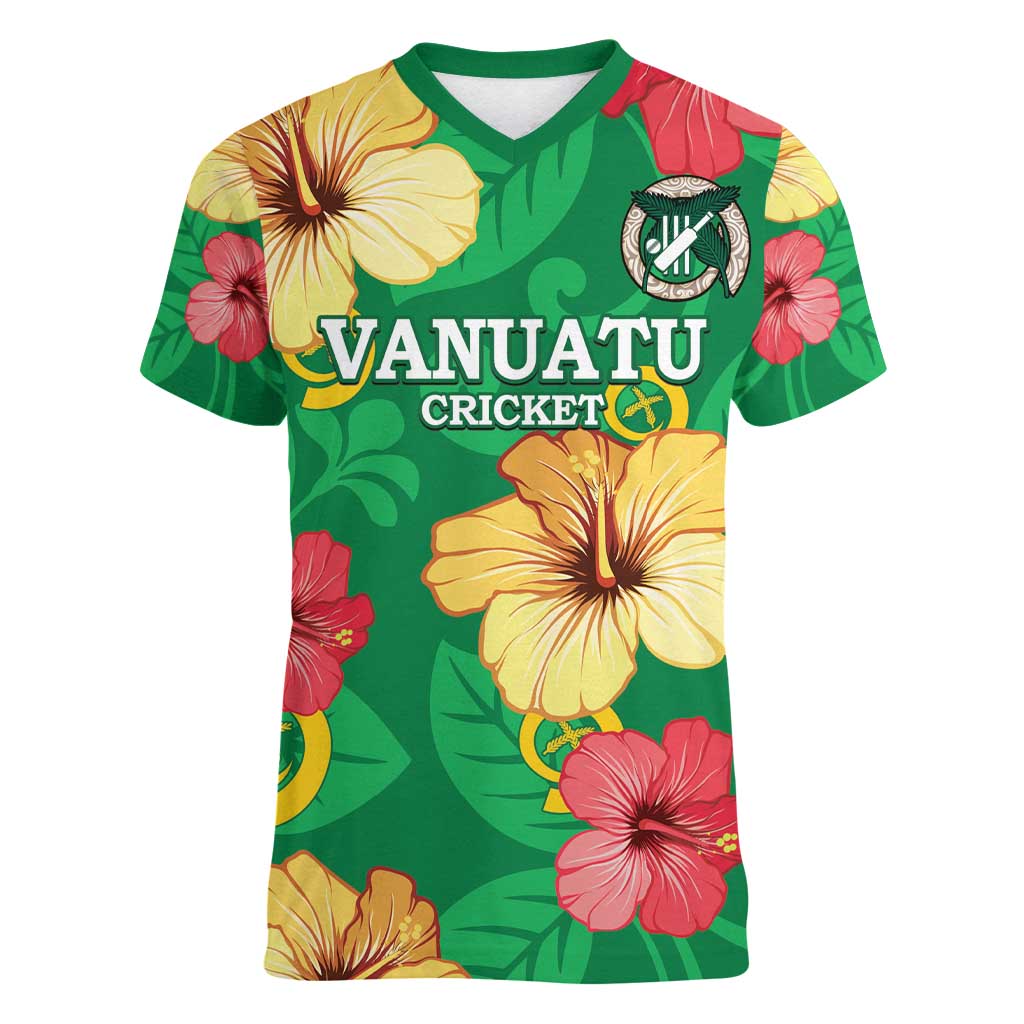 Custom Vanuatu Cricket Women V-Neck T-Shirt 2024 Tropical Flowers Version LT14 Female Green - Polynesian Pride