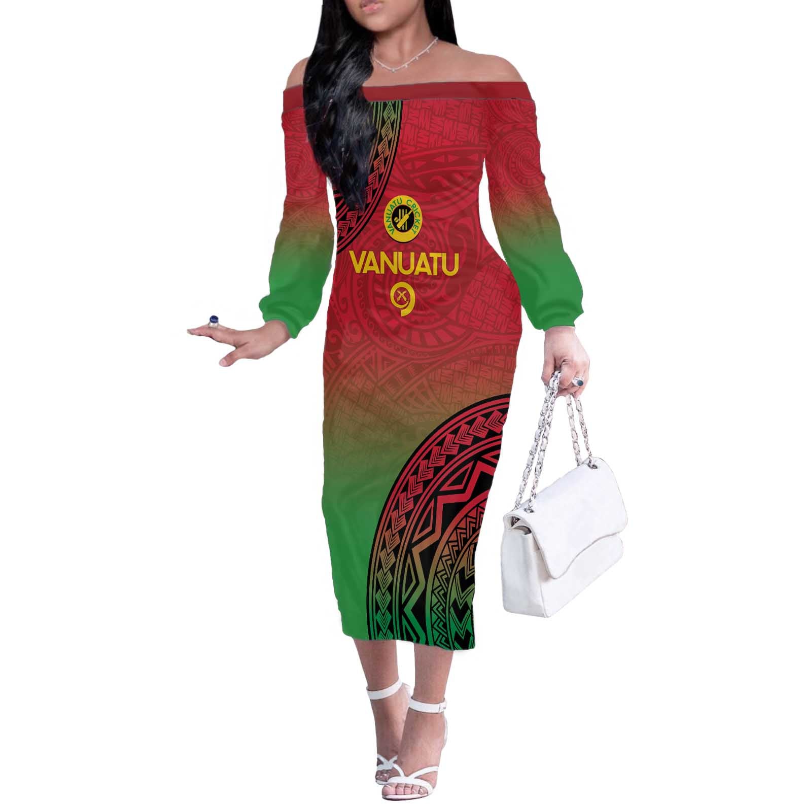 Custom Vanuatu Cricket Off The Shoulder Long Sleeve Dress 2024 Polynesian Pattern Sporty Style