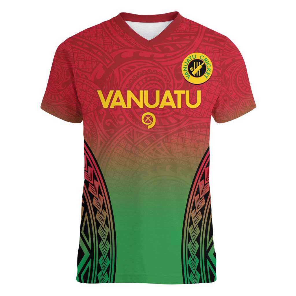 Custom Vanuatu Cricket Women V-Neck T-Shirt 2024 Polynesian Pattern Sporty Style LT14 Female Red - Polynesian Pride