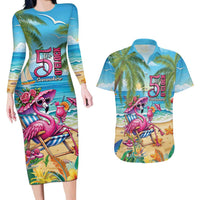 Flamingo Aloha Hawaii Couples Matching Long Sleeve Bodycon Dress and Hawaiian Shirt It's 5 O’Clock Somewhere Tropical Vibes - Polynesian Pride