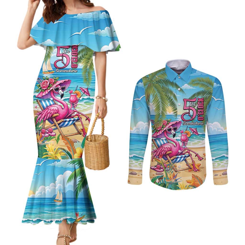 Flamingo Aloha Hawaii Couples Matching Mermaid Dress and Long Sleeve Button Shirt It's 5 O’Clock Somewhere Tropical Vibes - Polynesian Pride