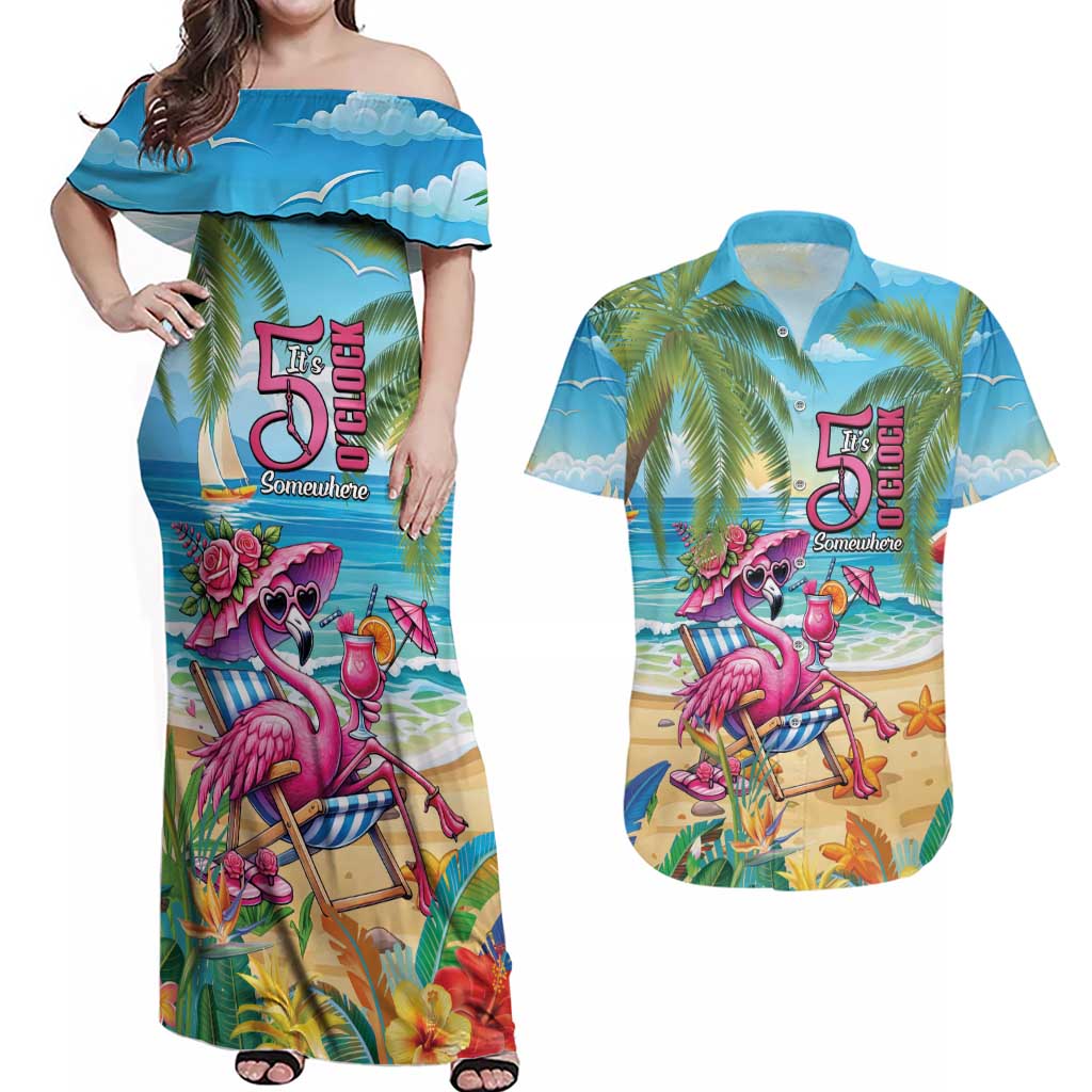 Flamingo Aloha Hawaii Couples Matching Off Shoulder Maxi Dress and Hawaiian Shirt It's 5 O’Clock Somewhere Tropical Vibes - Polynesian Pride