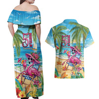 Flamingo Aloha Hawaii Couples Matching Off Shoulder Maxi Dress and Hawaiian Shirt It's 5 O’Clock Somewhere Tropical Vibes - Polynesian Pride