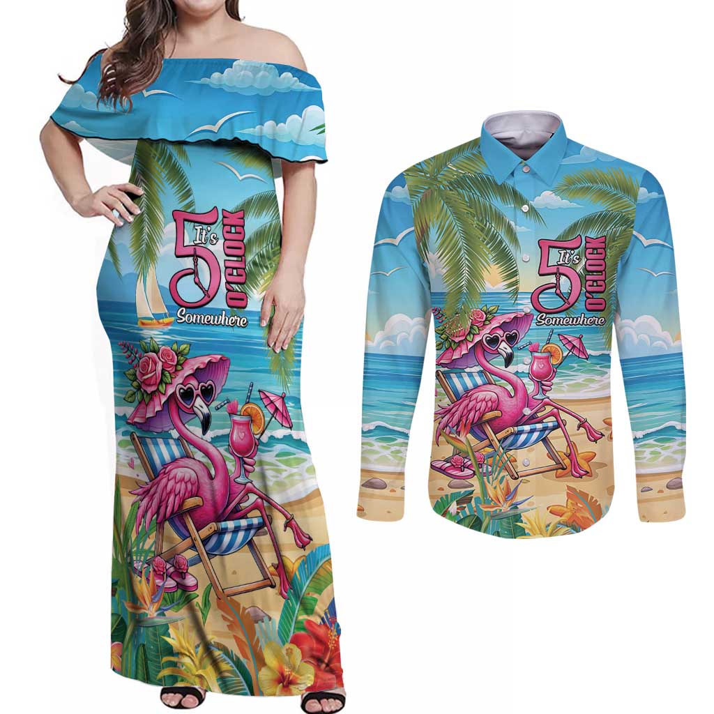 Flamingo Aloha Hawaii Couples Matching Off Shoulder Maxi Dress and Long Sleeve Button Shirt It's 5 O’Clock Somewhere Tropical Vibes - Polynesian Pride