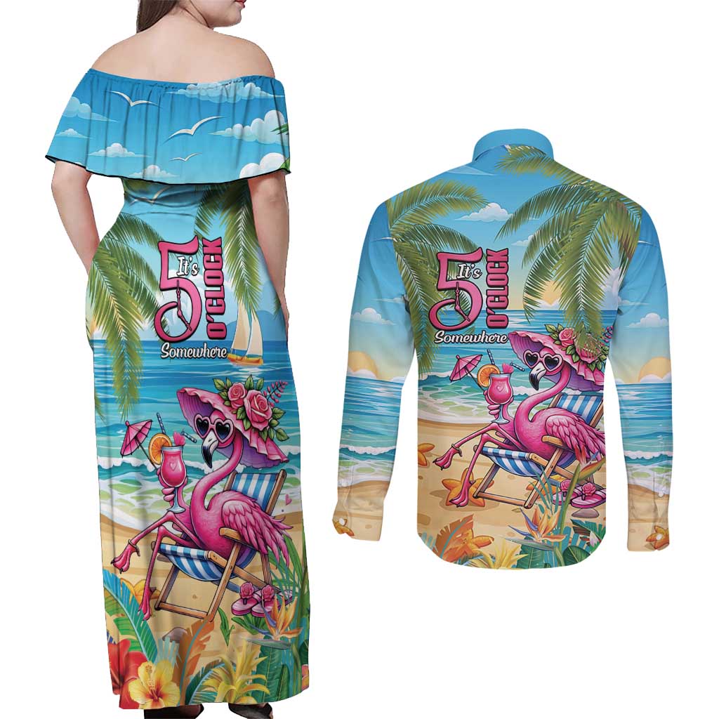 Flamingo Aloha Hawaii Couples Matching Off Shoulder Maxi Dress and Long Sleeve Button Shirt It's 5 O’Clock Somewhere Tropical Vibes - Polynesian Pride