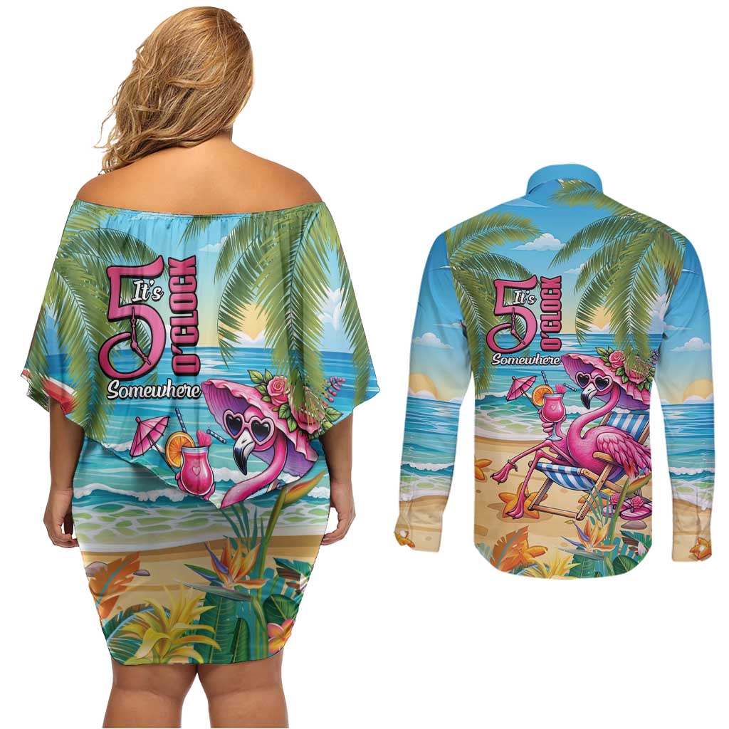 Flamingo Aloha Hawaii Couples Matching Off Shoulder Short Dress and Long Sleeve Button Shirt It's 5 O’Clock Somewhere Tropical Vibes - Polynesian Pride