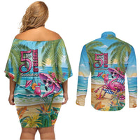 Flamingo Aloha Hawaii Couples Matching Off Shoulder Short Dress and Long Sleeve Button Shirt It's 5 O’Clock Somewhere Tropical Vibes - Polynesian Pride