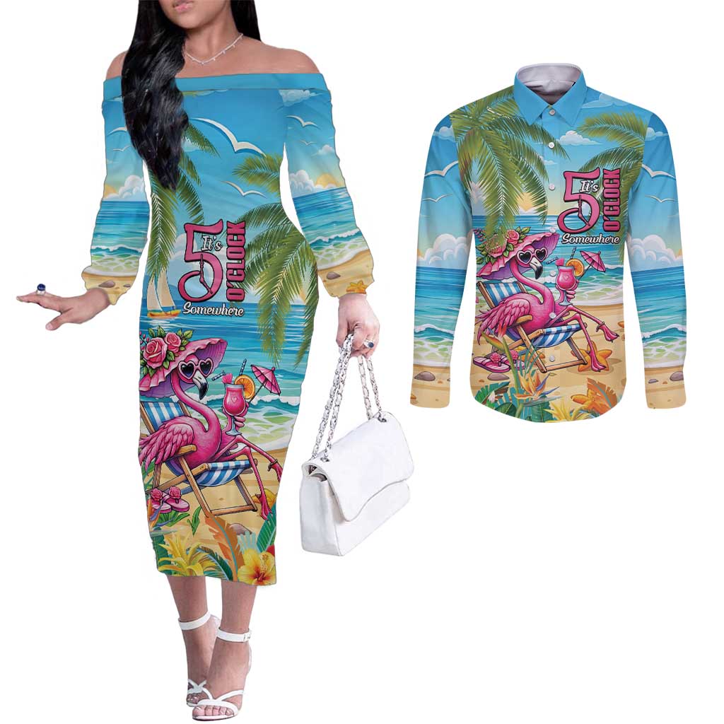 Flamingo Aloha Hawaii Couples Matching Off The Shoulder Long Sleeve Dress and Long Sleeve Button Shirt It's 5 O’Clock Somewhere Tropical Vibes - Polynesian Pride