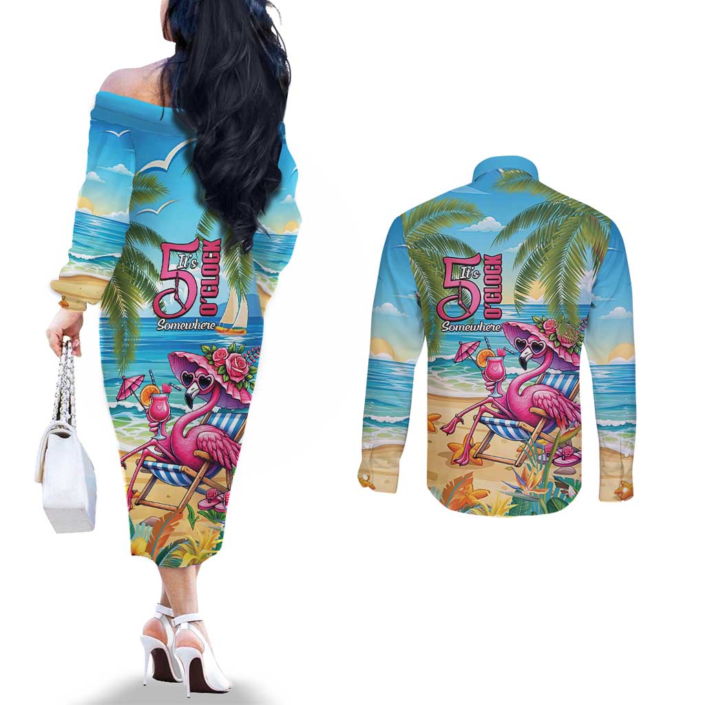 Flamingo Aloha Hawaii Couples Matching Off The Shoulder Long Sleeve Dress and Long Sleeve Button Shirt It's 5 O’Clock Somewhere Tropical Vibes - Polynesian Pride