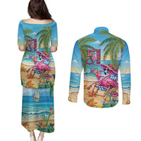 Flamingo Aloha Hawaii Couples Matching Puletasi and Long Sleeve Button Shirt It's 5 O’Clock Somewhere Tropical Vibes - Polynesian Pride