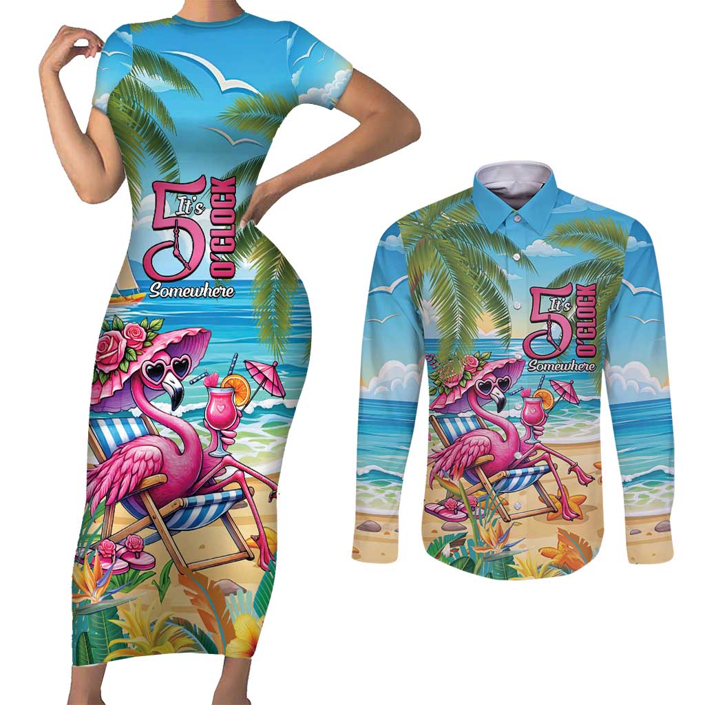 Flamingo Aloha Hawaii Couples Matching Short Sleeve Bodycon Dress and Long Sleeve Button Shirt It's 5 O’Clock Somewhere Tropical Vibes - Polynesian Pride