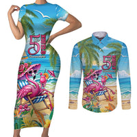 Flamingo Aloha Hawaii Couples Matching Short Sleeve Bodycon Dress and Long Sleeve Button Shirt It's 5 O’Clock Somewhere Tropical Vibes - Polynesian Pride