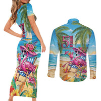 Flamingo Aloha Hawaii Couples Matching Short Sleeve Bodycon Dress and Long Sleeve Button Shirt It's 5 O’Clock Somewhere Tropical Vibes - Polynesian Pride