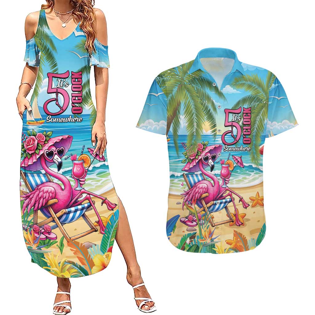 Flamingo Aloha Hawaii Couples Matching Summer Maxi Dress and Hawaiian Shirt It's 5 O’Clock Somewhere Tropical Vibes - Polynesian Pride