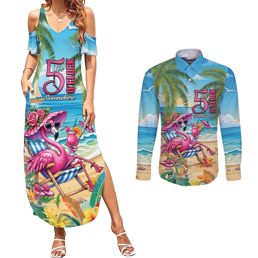 Flamingo Aloha Hawaii Couples Matching Summer Maxi Dress and Long Sleeve Button Shirt It's 5 O’Clock Somewhere Tropical Vibes - Polynesian Pride
