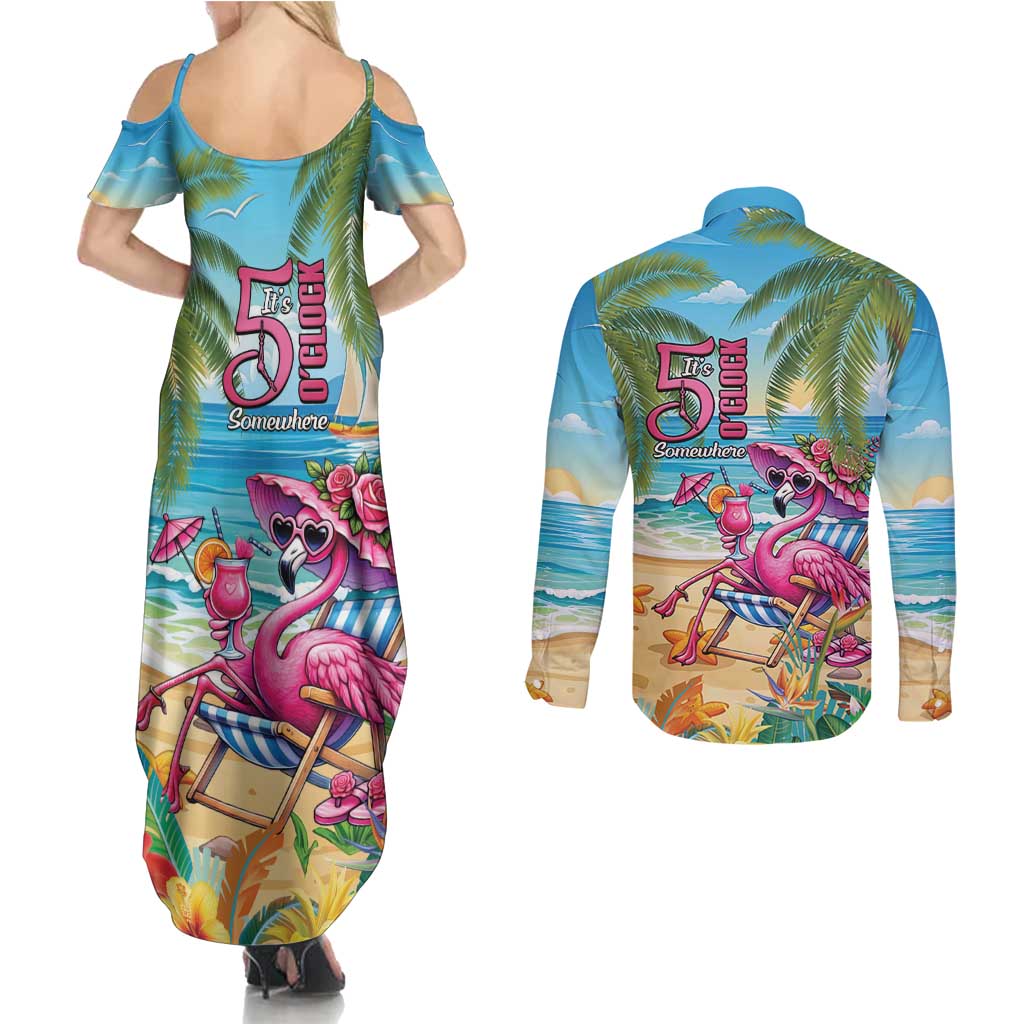 Flamingo Aloha Hawaii Couples Matching Summer Maxi Dress and Long Sleeve Button Shirt It's 5 O’Clock Somewhere Tropical Vibes - Polynesian Pride