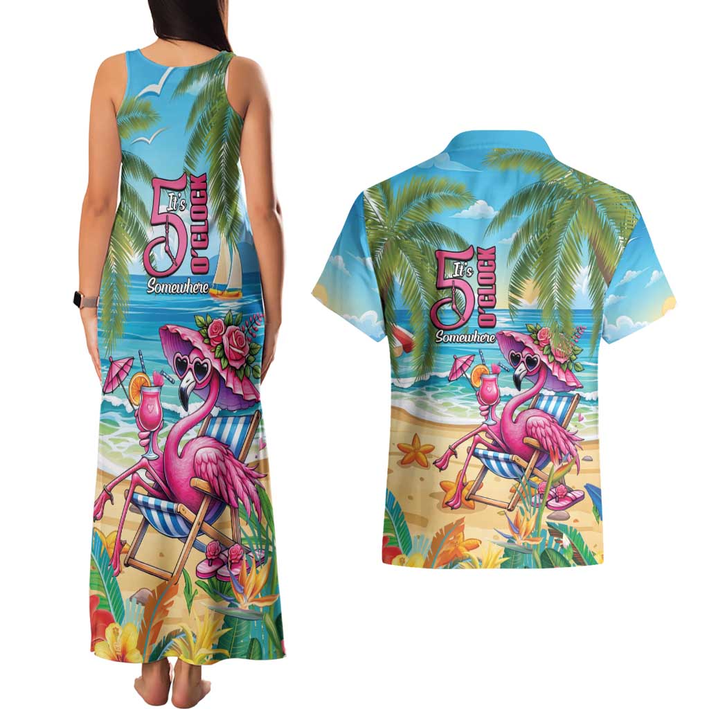 Flamingo Aloha Hawaii Couples Matching Tank Maxi Dress and Hawaiian Shirt It's 5 O’Clock Somewhere Tropical Vibes - Polynesian Pride