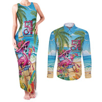 Flamingo Aloha Hawaii Couples Matching Tank Maxi Dress and Long Sleeve Button Shirt It's 5 O’Clock Somewhere Tropical Vibes - Polynesian Pride
