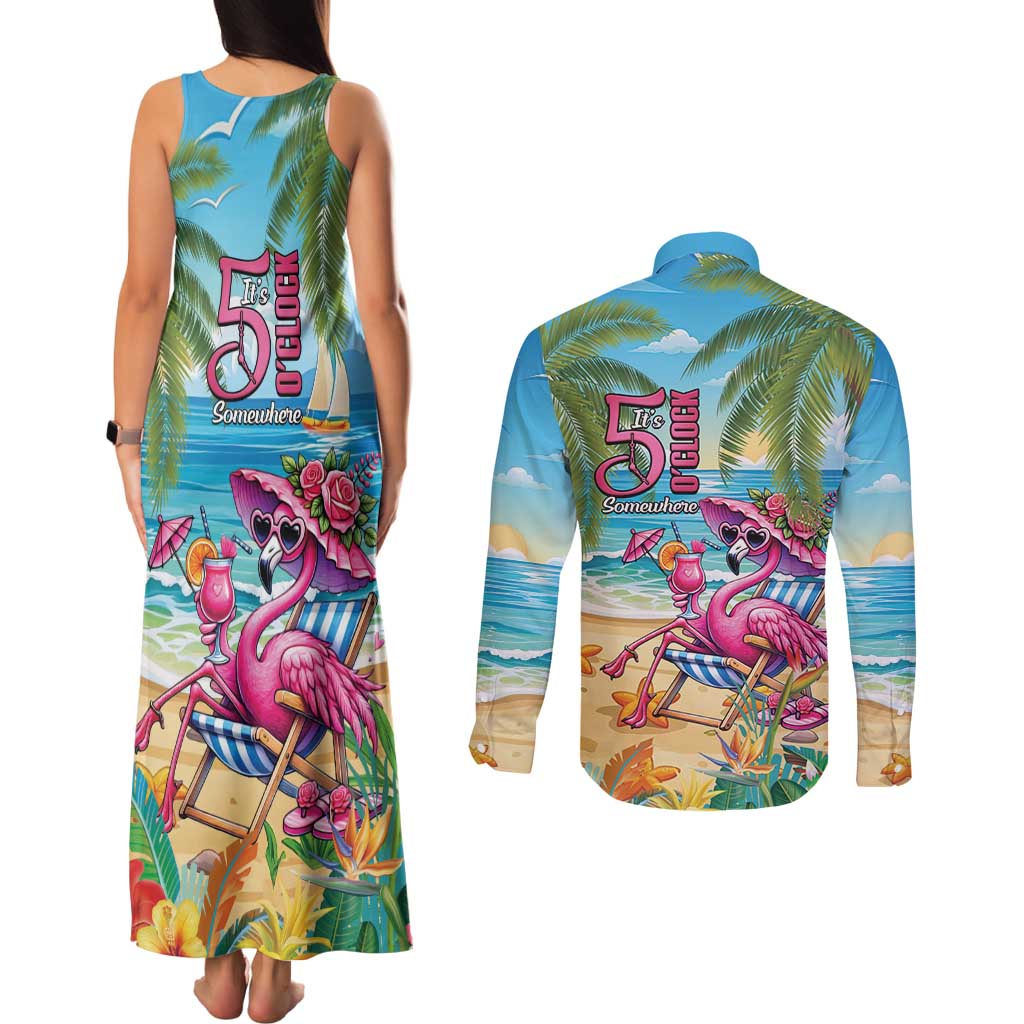 Flamingo Aloha Hawaii Couples Matching Tank Maxi Dress and Long Sleeve Button Shirt It's 5 O’Clock Somewhere Tropical Vibes - Polynesian Pride