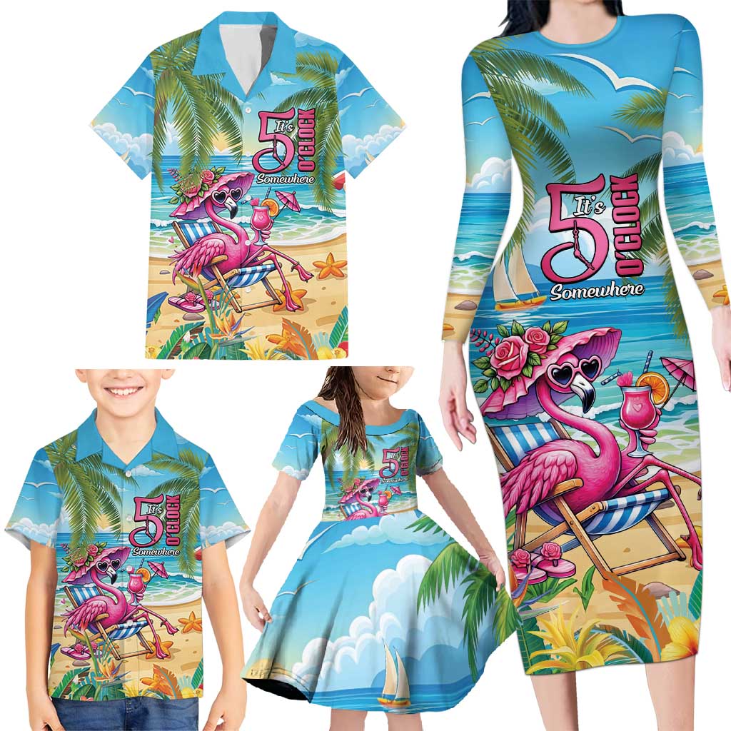 Flamingo Aloha Hawaii Family Matching Long Sleeve Bodycon Dress and Hawaiian Shirt It's 5 O’Clock Somewhere Tropical Vibes - Polynesian Pride