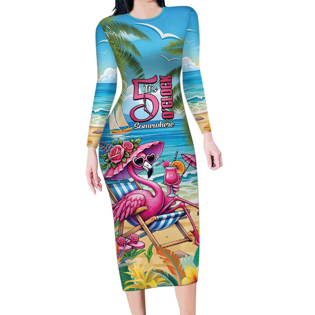 Flamingo Aloha Hawaii Family Matching Long Sleeve Bodycon Dress and Hawaiian Shirt It's 5 O’Clock Somewhere Tropical Vibes - Polynesian Pride