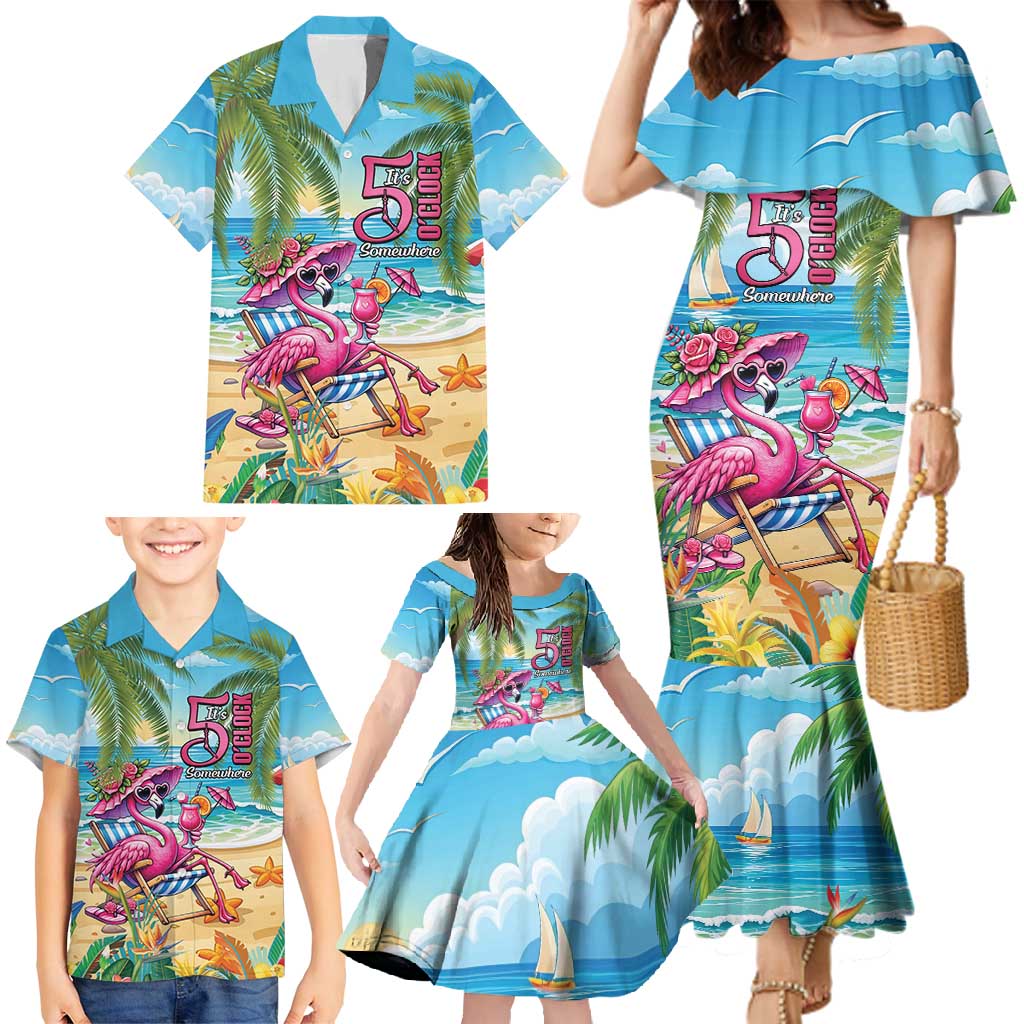 Flamingo Aloha Hawaii Family Matching Mermaid Dress and Hawaiian Shirt It's 5 O’Clock Somewhere Tropical Vibes - Polynesian Pride