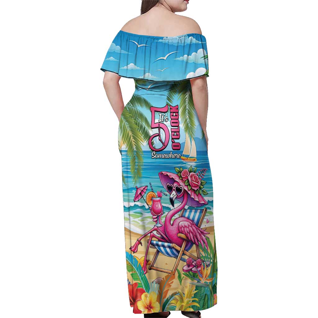Flamingo Aloha Hawaii Family Matching Off Shoulder Maxi Dress and Hawaiian Shirt It's 5 O’Clock Somewhere Tropical Vibes - Polynesian Pride