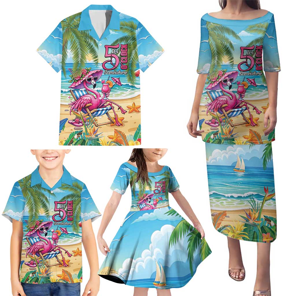 Flamingo Aloha Hawaii Family Matching Puletasi and Hawaiian Shirt It's 5 O’Clock Somewhere Tropical Vibes - Polynesian Pride