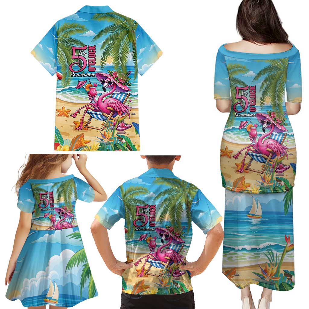 Flamingo Aloha Hawaii Family Matching Puletasi and Hawaiian Shirt It's 5 O’Clock Somewhere Tropical Vibes - Polynesian Pride