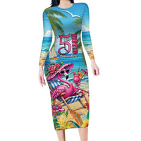 Flamingo Aloha Hawaii Long Sleeve Bodycon Dress It's 5 O’Clock Somewhere Tropical Vibes - Polynesian Pride