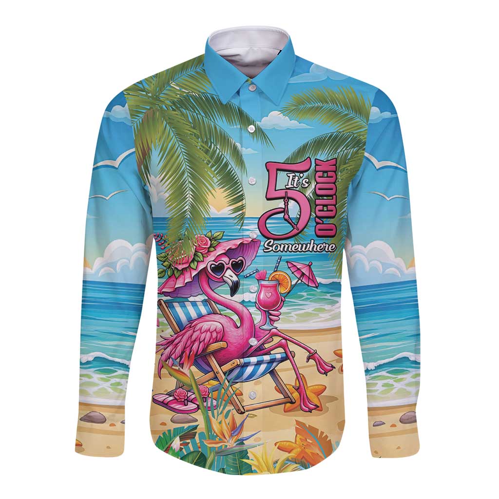 Flamingo Aloha Hawaii Long Sleeve Button Shirt It's 5 O’Clock Somewhere Tropical Vibes - Polynesian Pride