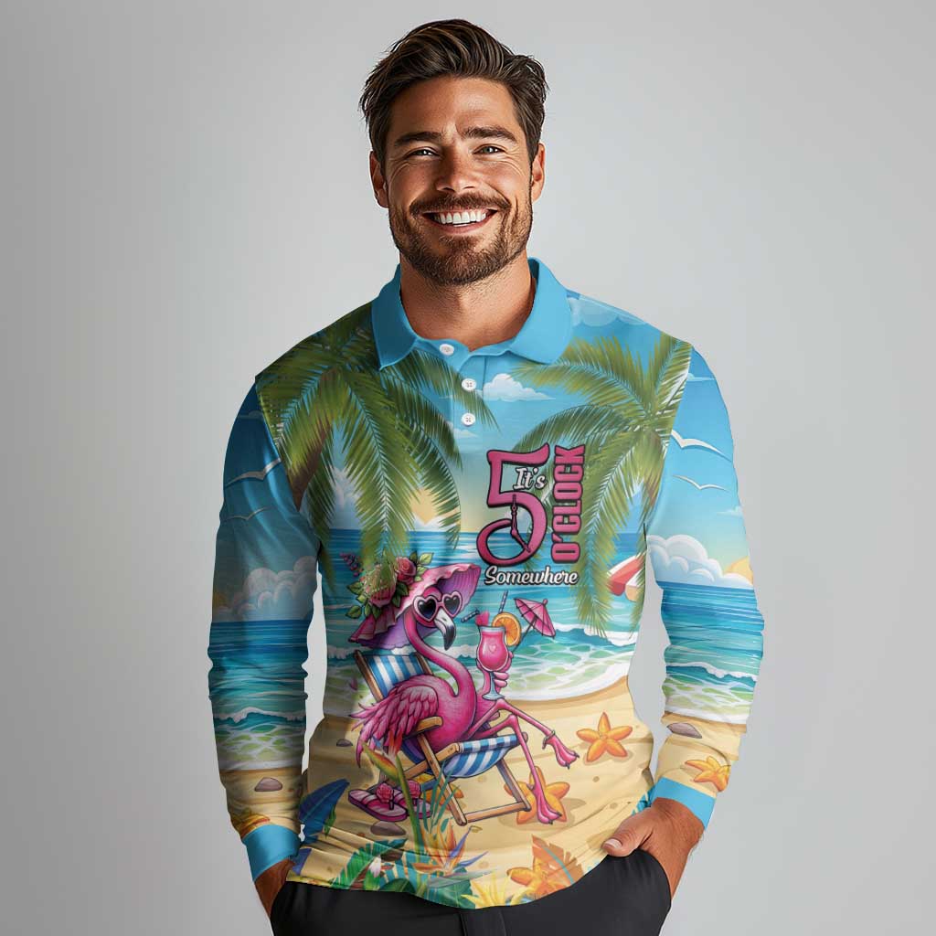 Flamingo Aloha Hawaii Long Sleeve Polo Shirt It's 5 O’Clock Somewhere Tropical Vibes - Polynesian Pride